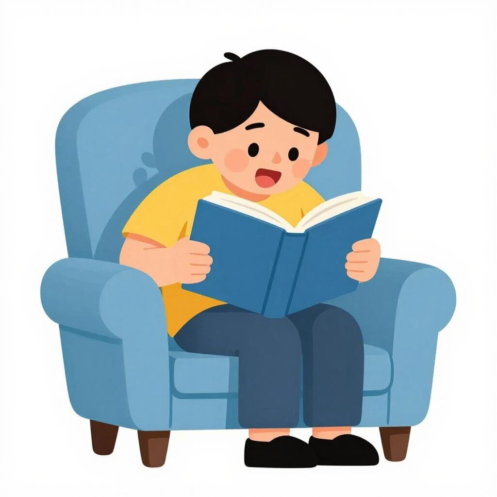 A person sitting on a cozy chair, leaning forward with wide eyes and a smile while reading a book.