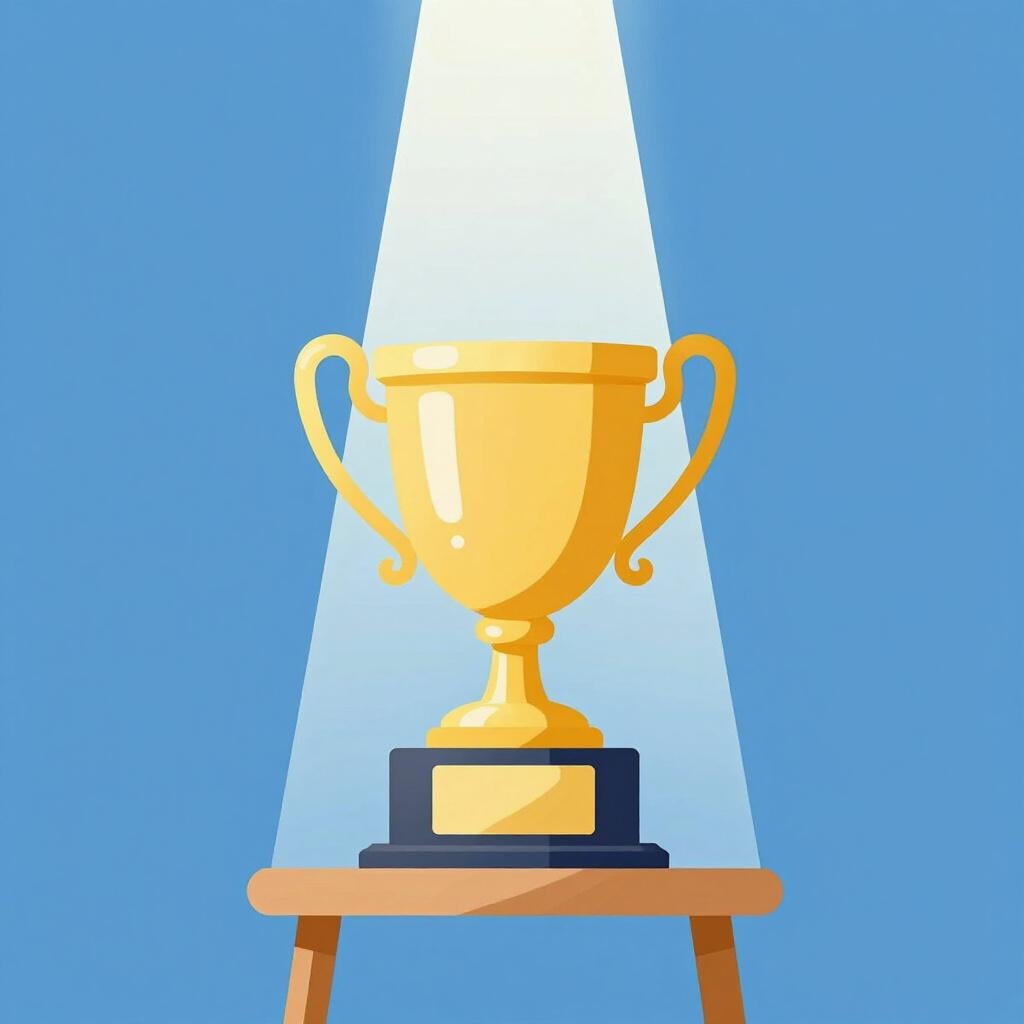 A bright golden trophy sitting on a wooden pedestal under a clear spotlight, representing an undeniable victory.