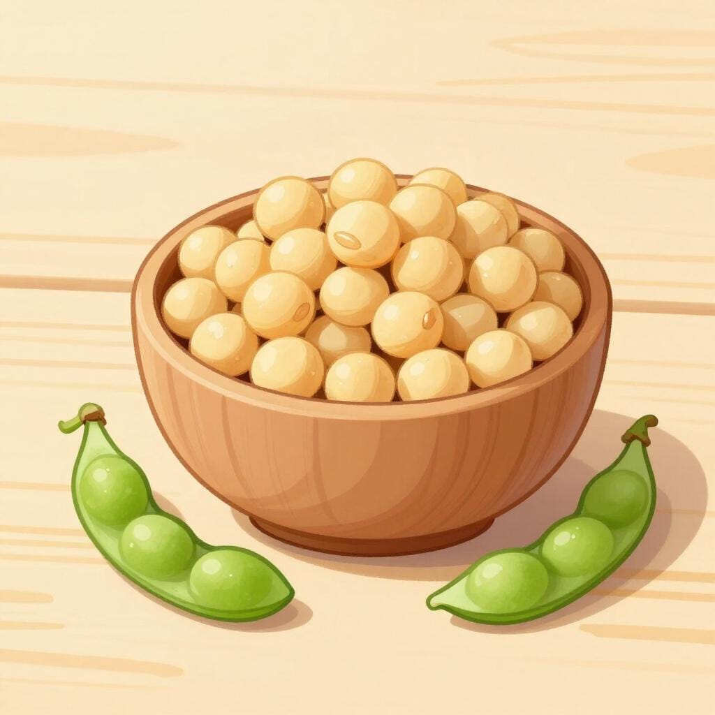 A wooden bowl filled with round, light-colored soybeans sitting next to green soy pods on a rustic surface.