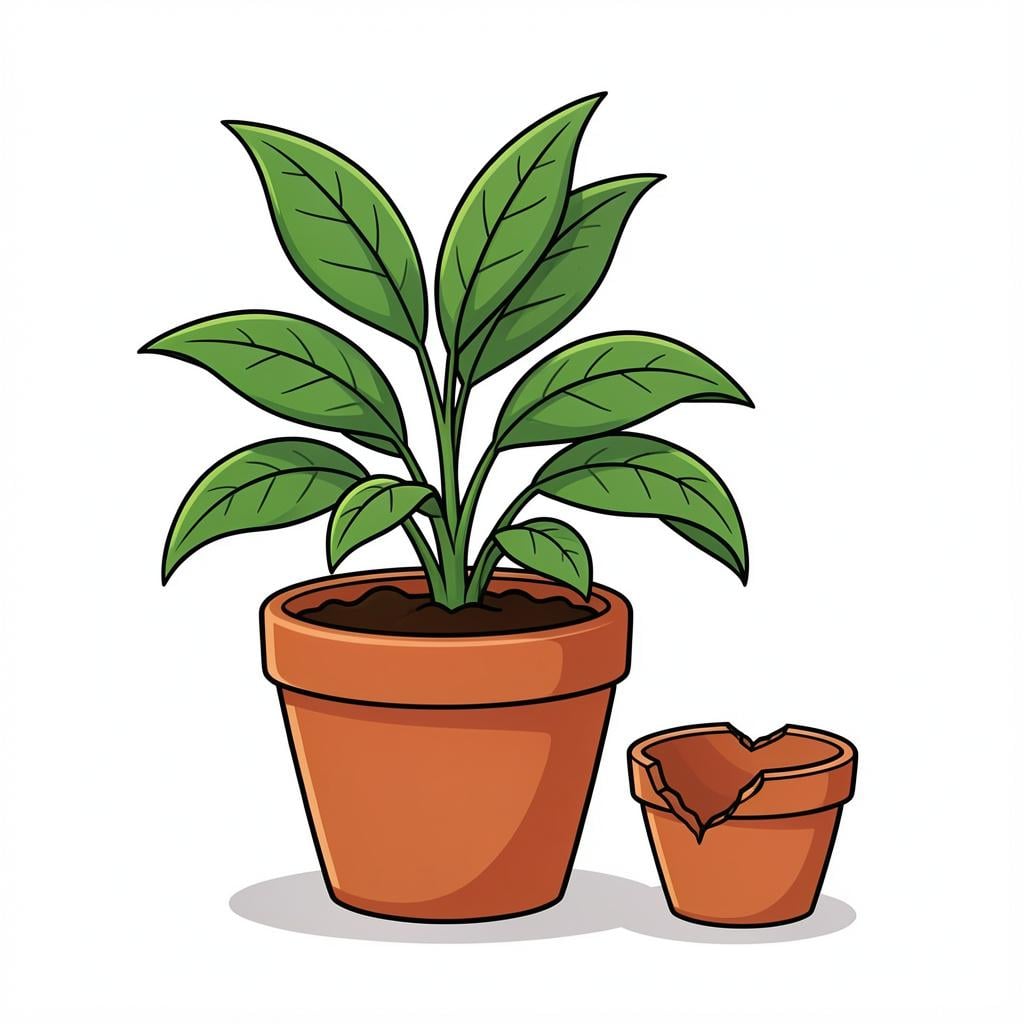 A vibrant green plant growing healthily in a new, larger ceramic pot next to its old, small, cracked pot.