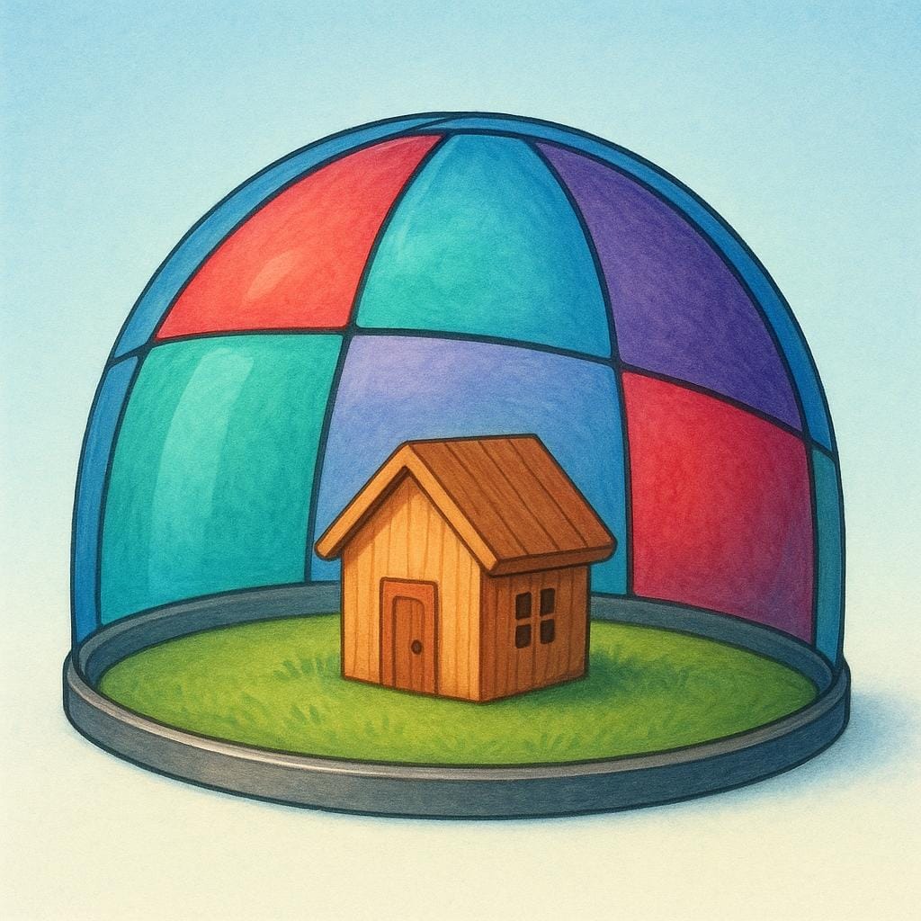 A small, fragile wooden toy house completely protected beneath a large, sturdy glass dome shield, symbolizing insurance protection.