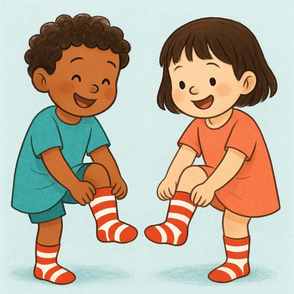 Two children standing side-by-side, each simultaneously pulling a brightly colored striped sock onto their foot.