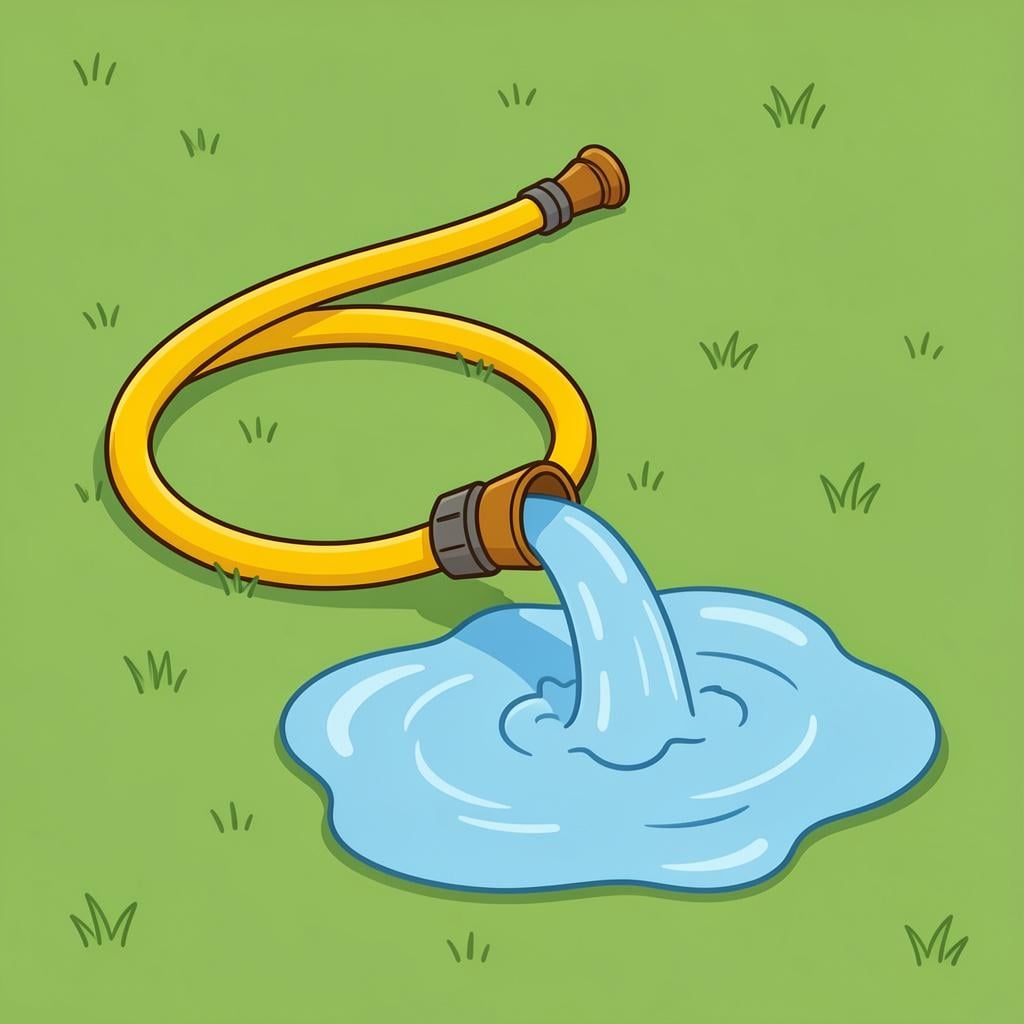 A garden hose on a green lawn with water pouring out into a large puddle.
