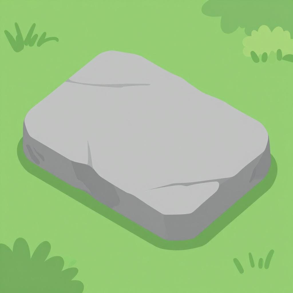 Une grande dalle de pierre grise et plate posée sur un carré d'herbe verte.