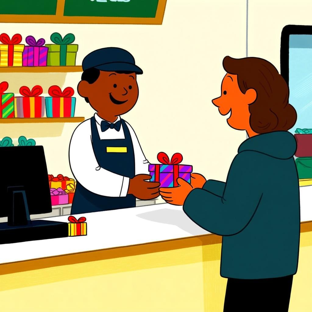 A friendly store clerk standing behind a counter, smiling and carefully handing a wrapped gift package to a grateful customer.