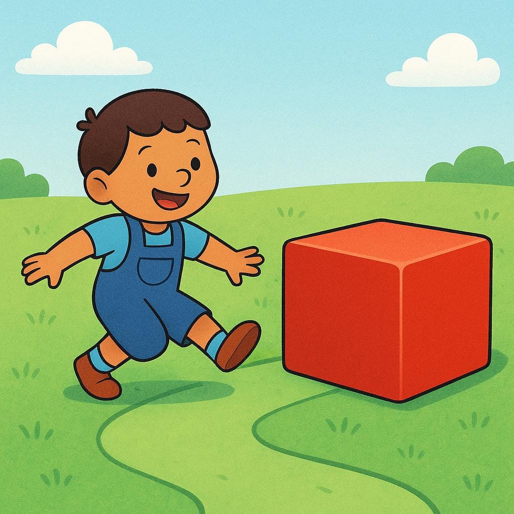 Um personagem de desenho animado alegre está caminhando em um caminho verde e deliberadamente dando um passo para o lado para contornar um grande cubo de obstáculo vermelho brilhante colocado diretamente em seu caminho, demonstrando a ação de evitar.