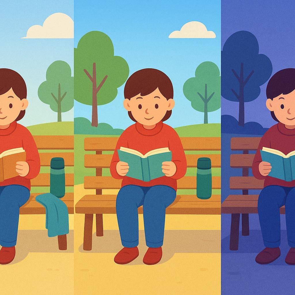 Une personne assise sur un banc de parc lisant un livre. L'image est divisée en trois moments consécutifs : la même personne lisant sous une lumière vive du matin, puis une lumière douce de l'après-midi, et enfin une lumière faible du soir, symbolisant une routine constante.