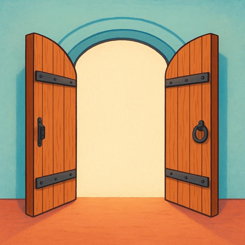 A pair of rustic wooden double doors standing wide open, revealing a bright, inviting space inside.