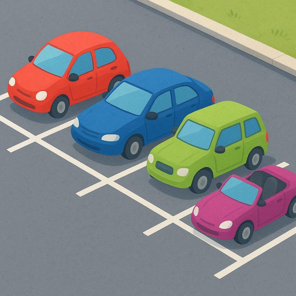 A storybook illustration of a sunny asphalt parking lot with distinct white lines marking the parking spaces. Several brightly colored cars are parked neatly within the boundaries.