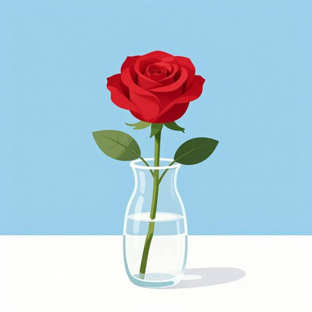 A single bright red rose standing alone in a simple glass vase.