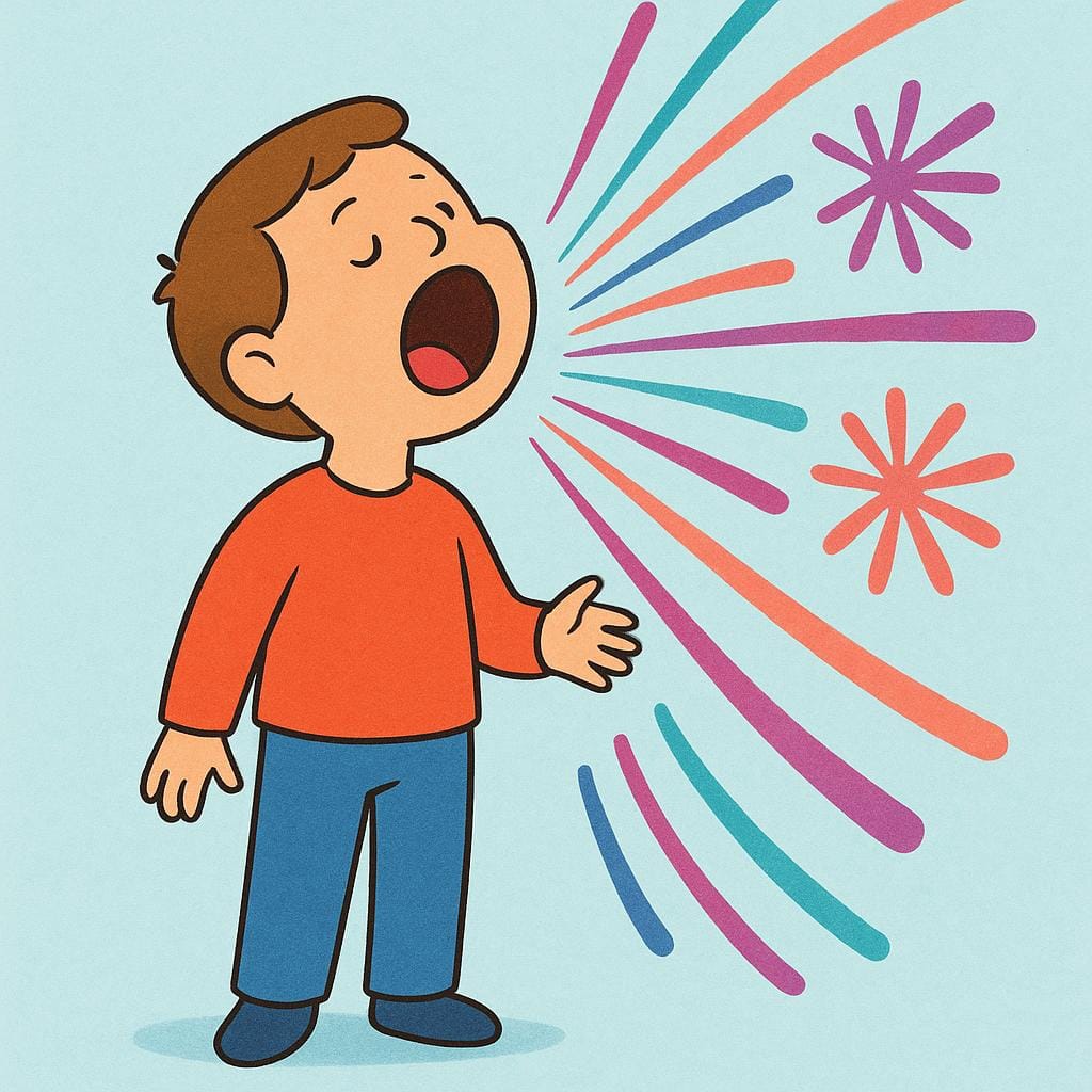 Eine einfache, buchähnliche Illustration einer allein stehenden Figur, deren Mund weit geöffnet ist und laut schreit, wobei stilisierte Schallwellen vom Mund ausgehen.