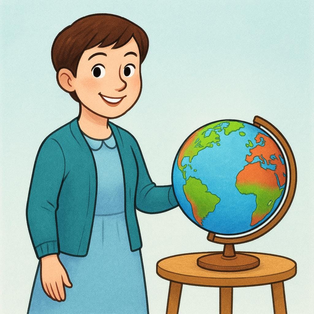 A smiling female teacher standing next to a colorful globe on a small table in a classroom setting.