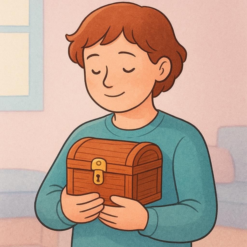 A person holding a small wooden treasure chest tightly in their arms.