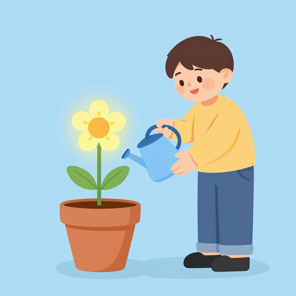 A person smiling and tending to a bright, glowing flower growing in a pot, symbolizing a positive mindset.
