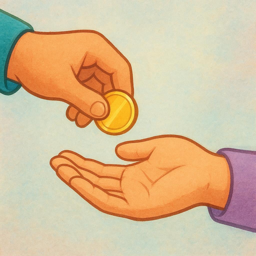 A close-up view of two hands engaged in a transaction. One hand is extending a single gold coin toward the other open hand, illustrating the act of paying.