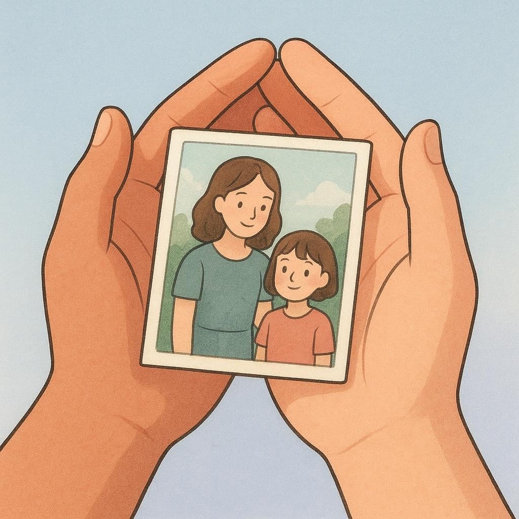 A close-up illustration of two hands gently holding a small, faded photograph, symbolizing cherished memories.