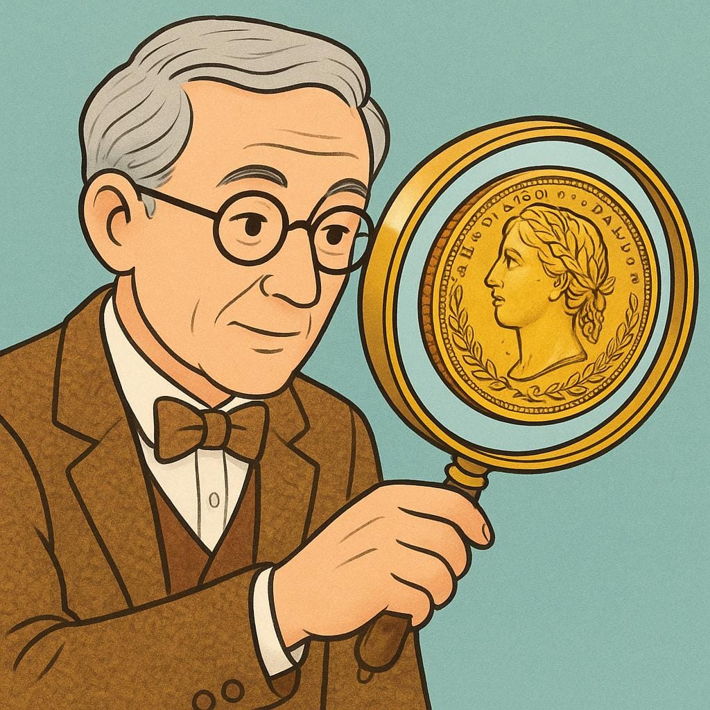 A distinguished person wearing a monocle and holding a large magnifying glass to closely examine a detailed, antique gold coin, symbolizing deep expertise.