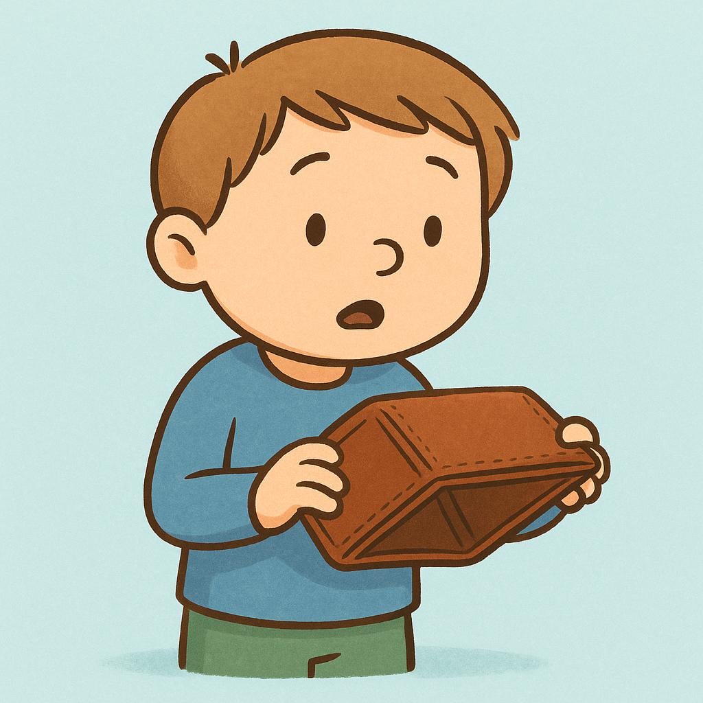 A cartoon figure looking bewildered and holding an empty, open leather wallet upside down, symbolizing being tricked or losing money.