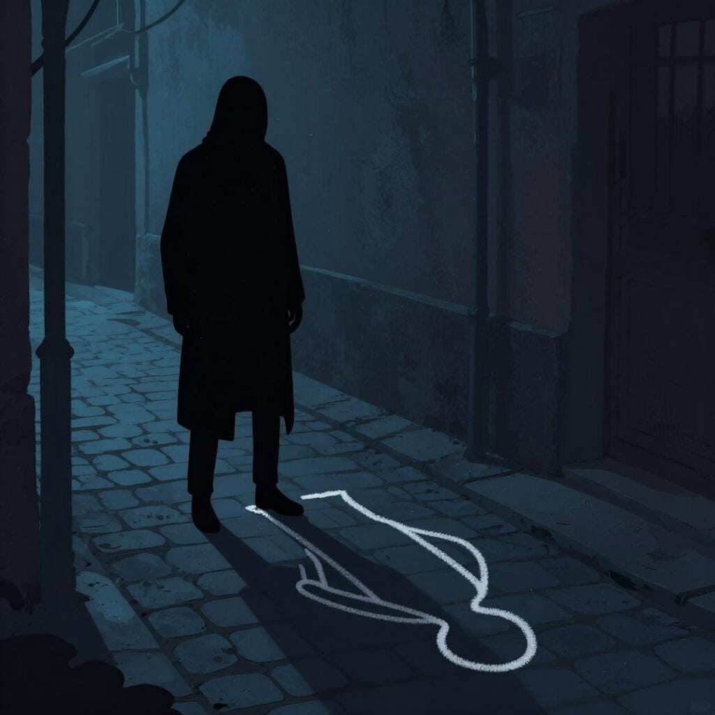 A silhouette of a figure standing over a fallen shadow on the ground in a dark, moody setting.