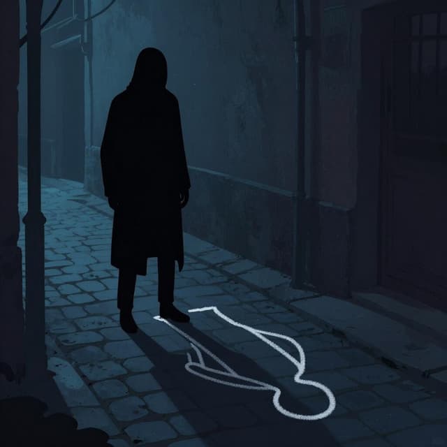 Een silhouet van een figuur die boven een gevallen schaduw op de grond staat in een donkere, sfeervolle omgeving.