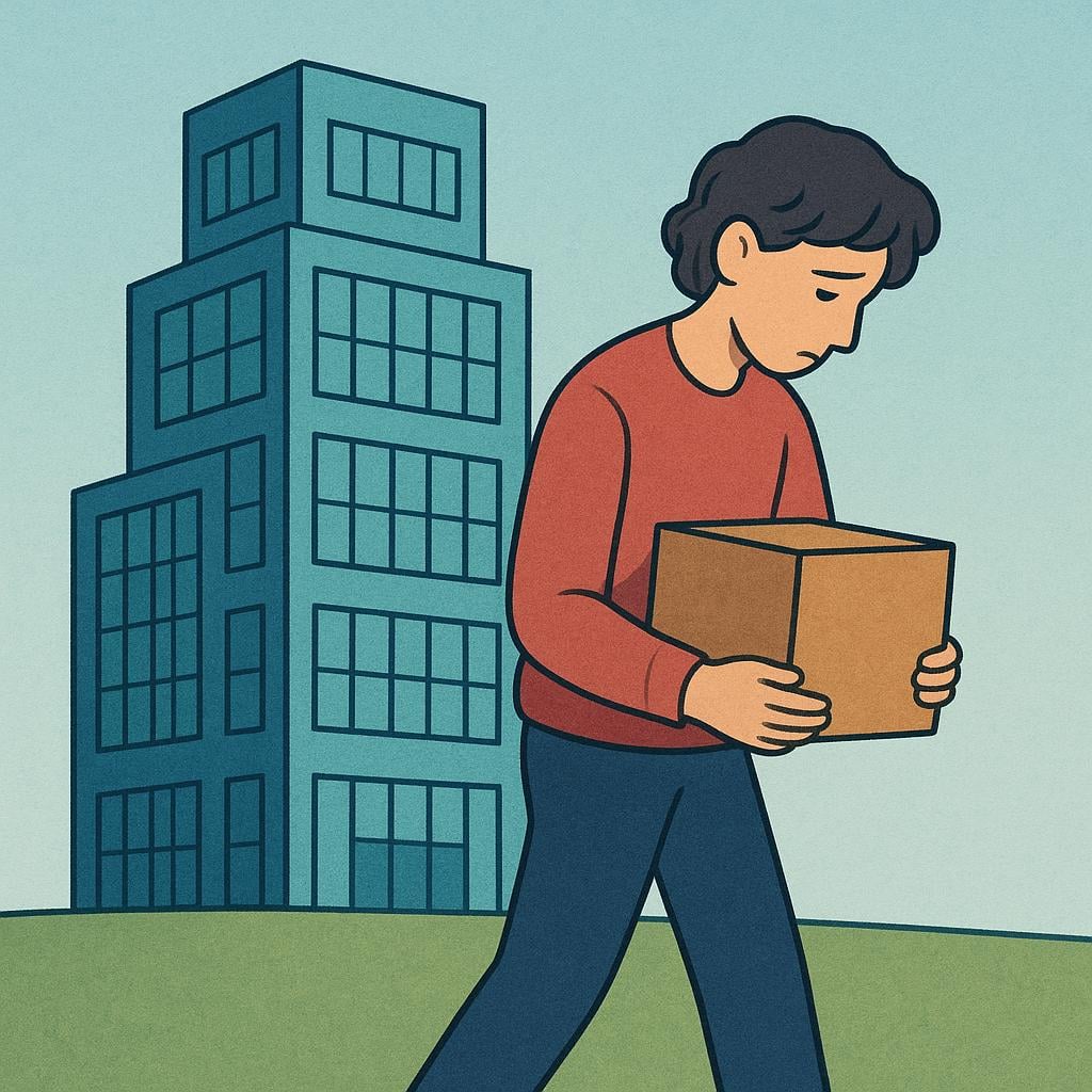 A distraught figure holding a small brown cardboard box is walking away from a tall, geometric office building.