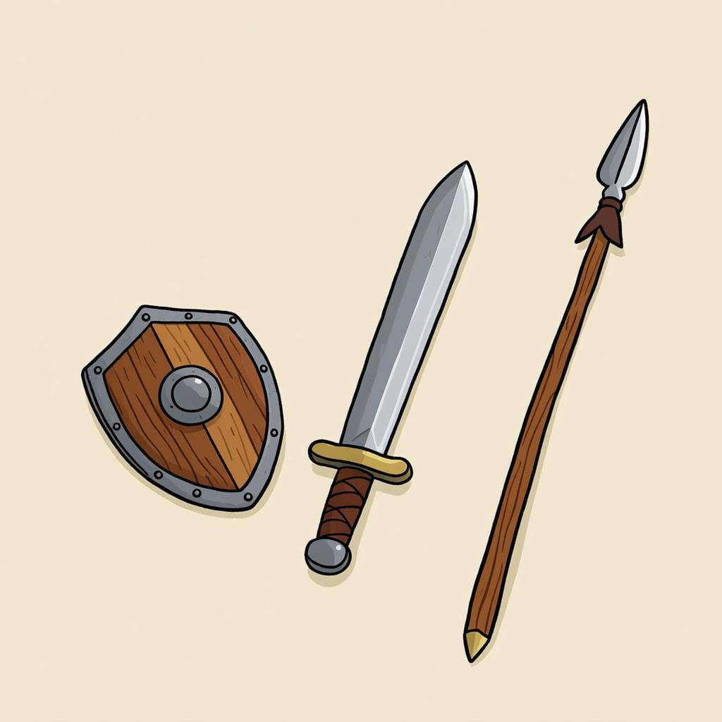 A collection of ancient fighting tools, including a sword, a shield, and a spear, lying on the ground.