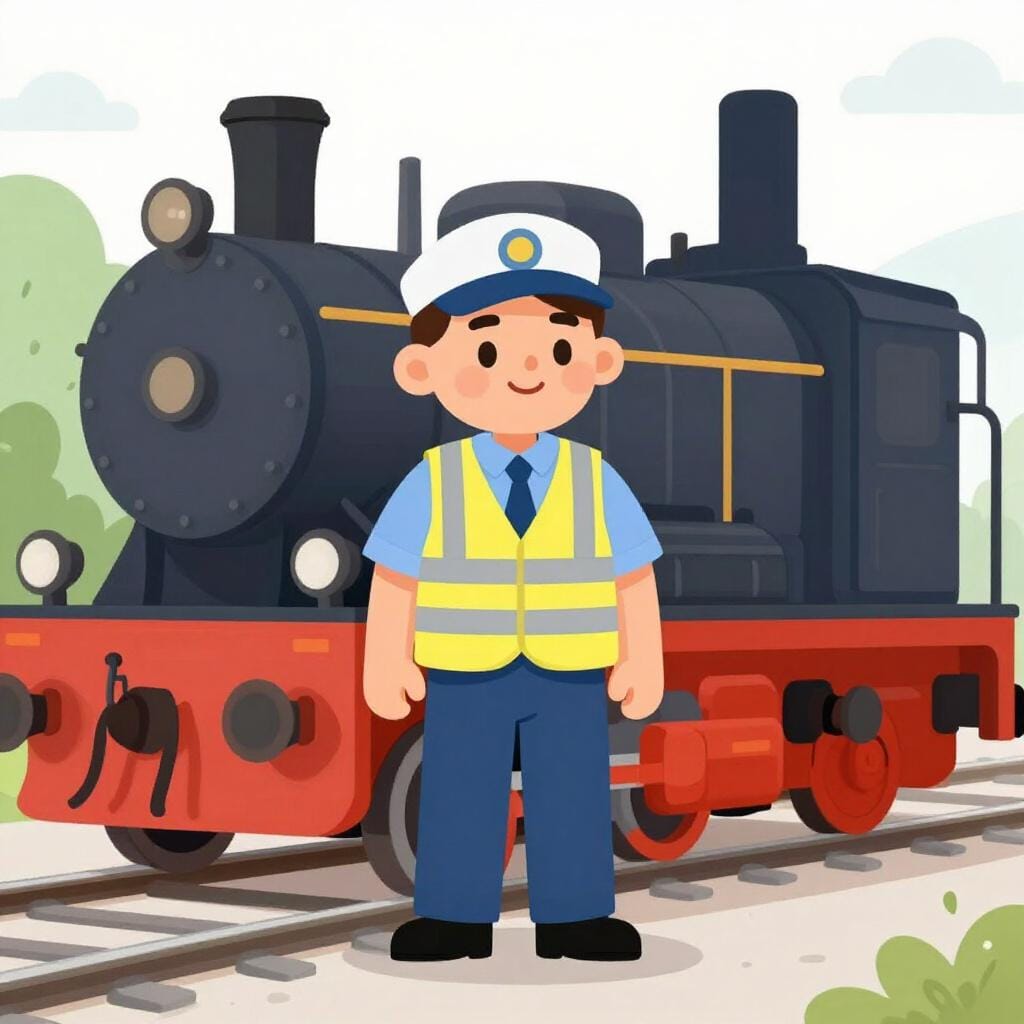 A railway worker in a bright vest and cap standing next to a train, holding a signal flag.