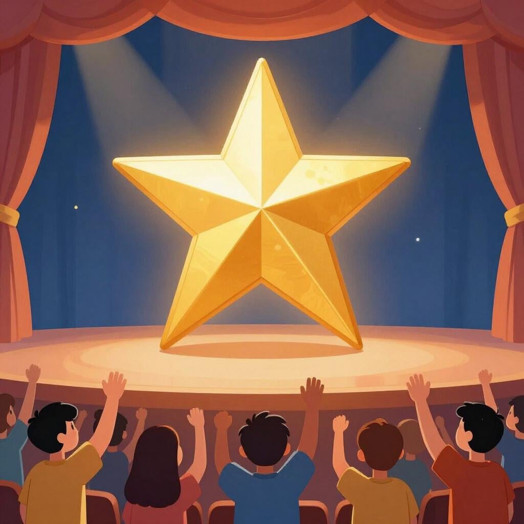 Uma estrela dourada brilhante em um palco sendo aclamada por uma multidão grande e entusiasmada, representando um grande sucesso público ou atração.