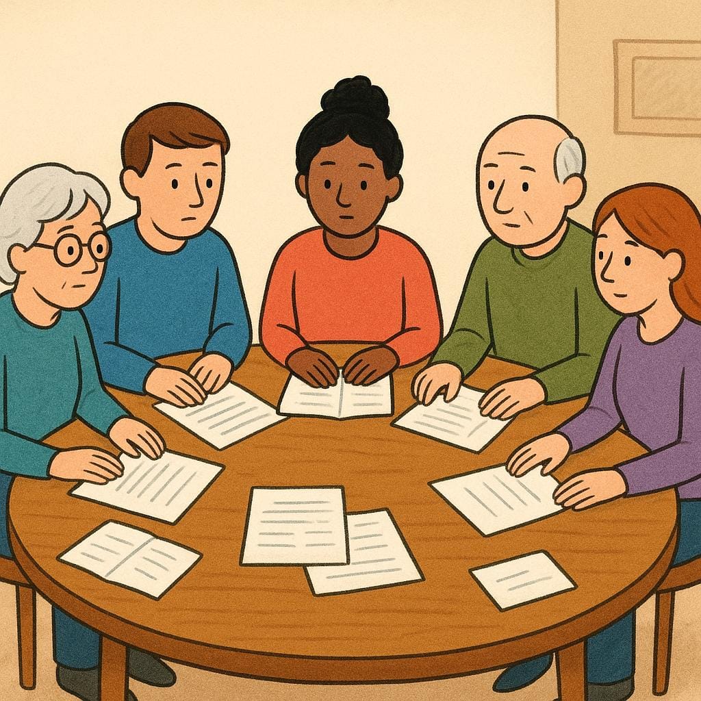 A simple illustration showing five characters sitting around a large table, engaged in a formal meeting, representing a governing body.
