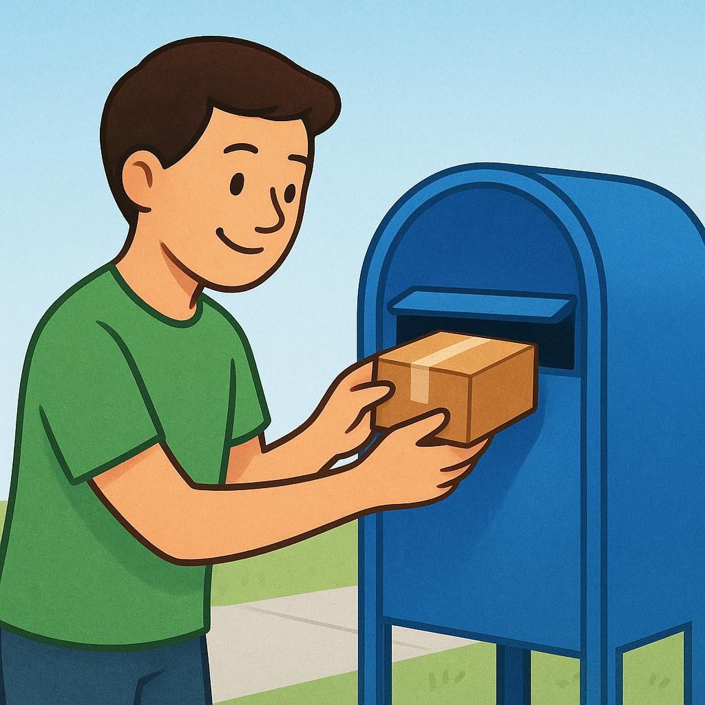 A person is actively putting a small brown package into a large blue mailbox, illustrating the action of sending something.