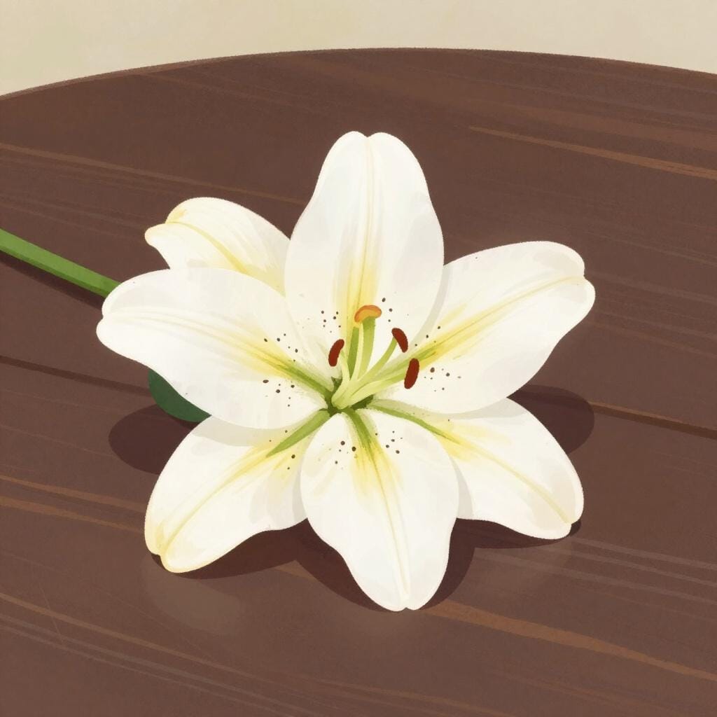 A single white flower lying peacefully on a dark wooden surface.