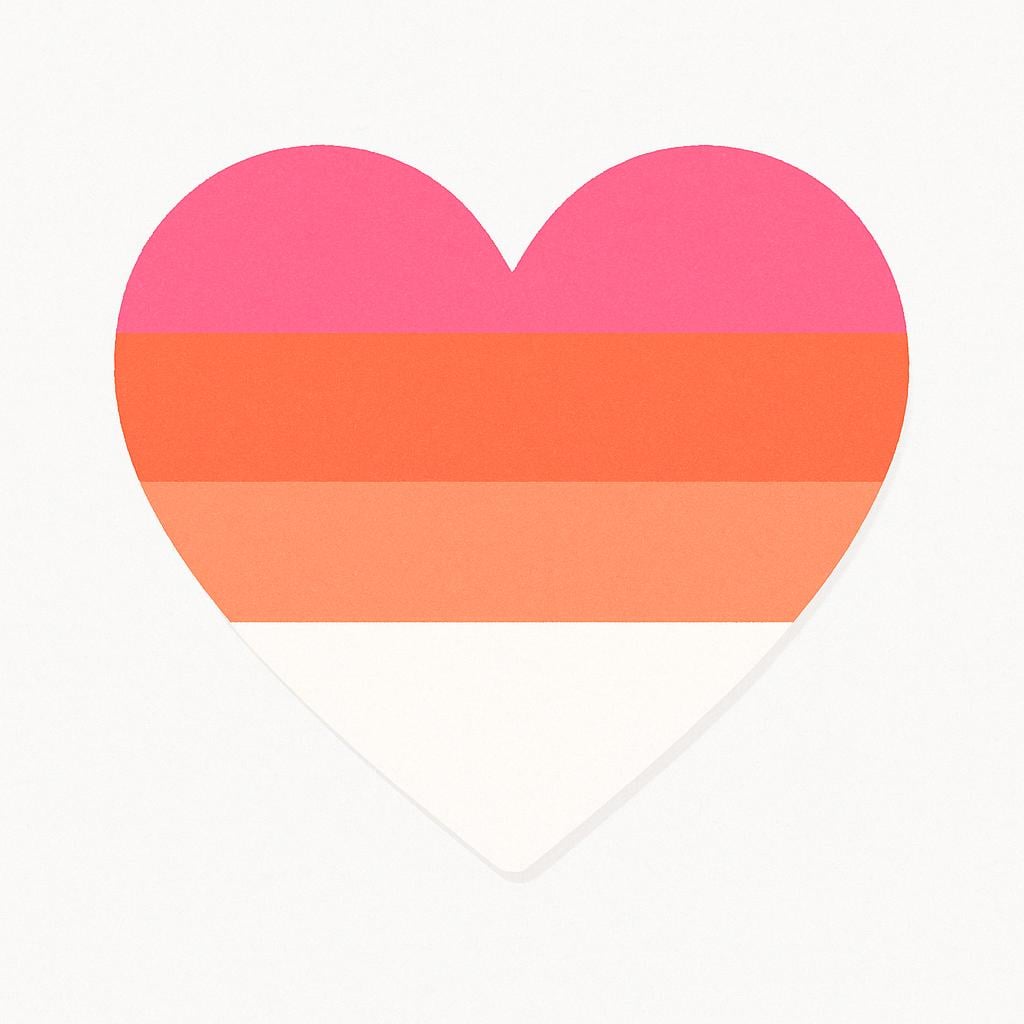 A simple heart shape colored with stripes of pink, orange, and white, symbolizing the lesbian community.