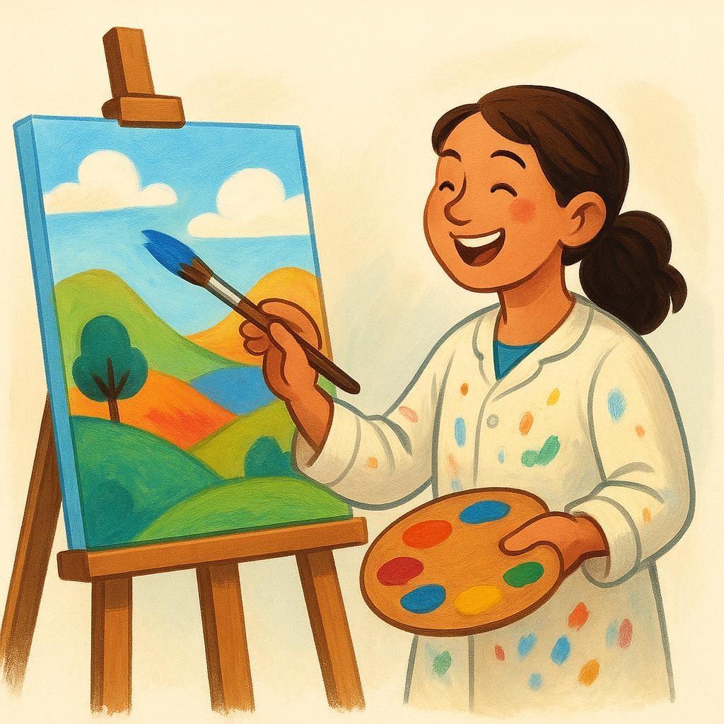 A joyful artist painting a landscape on an easel with enthusiasm, illustrating strong enthusiasm or interest.