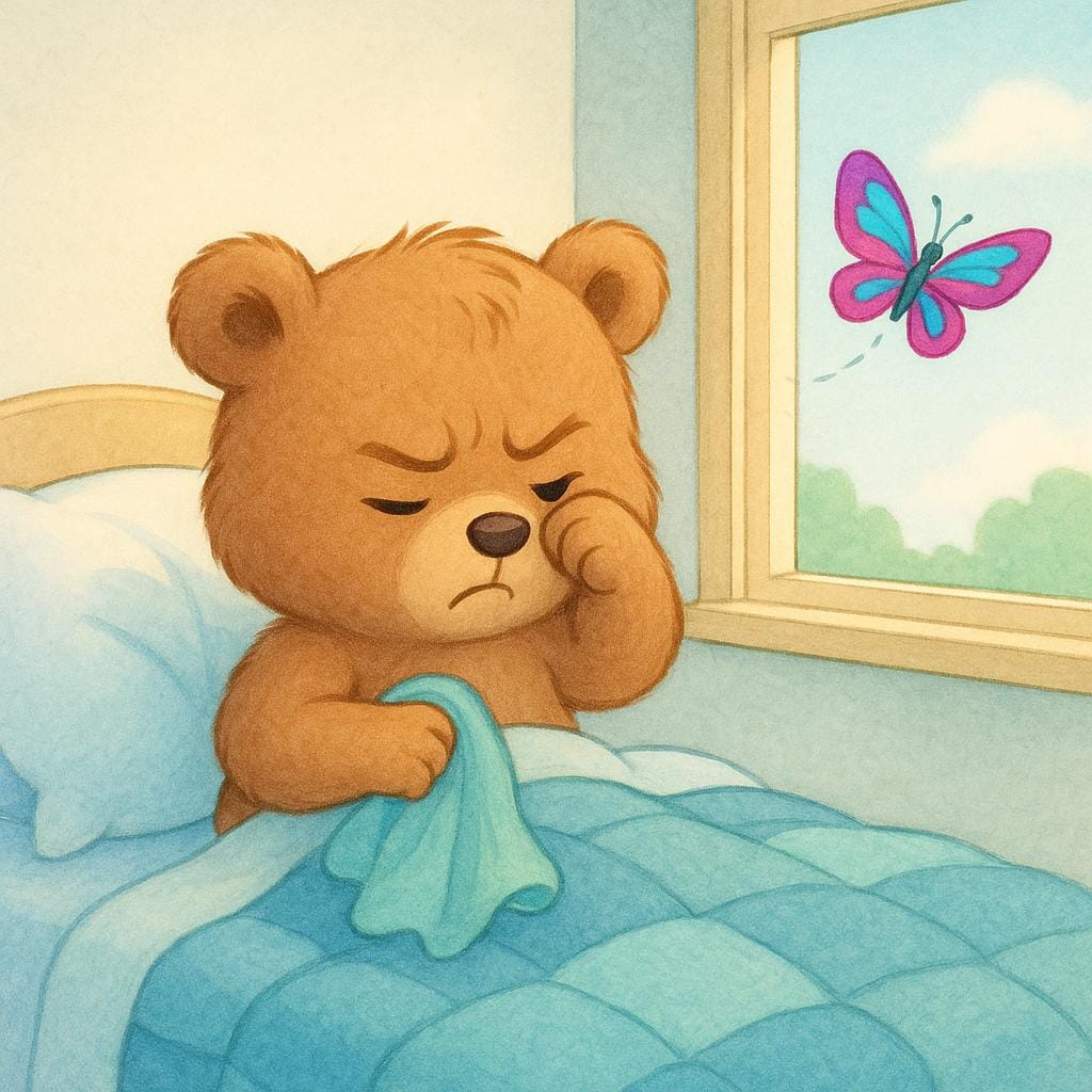 A grumpy bear cub sitting up in bed, rubbing its eyes, looking annoyed that a butterfly has just flown away out the window.