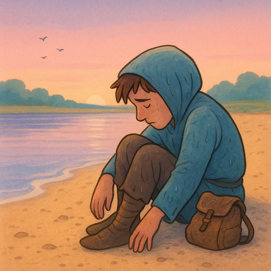 Uma ilustração de uma pessoa solitária vestindo roupas simples e ligeiramente úmidas, sentada exausta na margem arenosa de um rio calmo ao nascer do sol, sugerindo uma longa jornada.