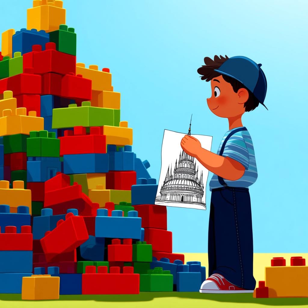 Uma pessoa está ao lado de uma pilha enorme de blocos de construção coloridos, segurando um pequeno desenho detalhado de uma torre magnífica que ela construiria.