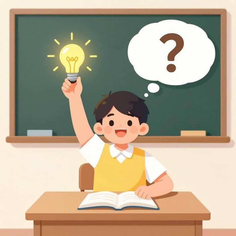 教室で、頭の上に電球のアイデアを浮かべながら手を挙げている子供。