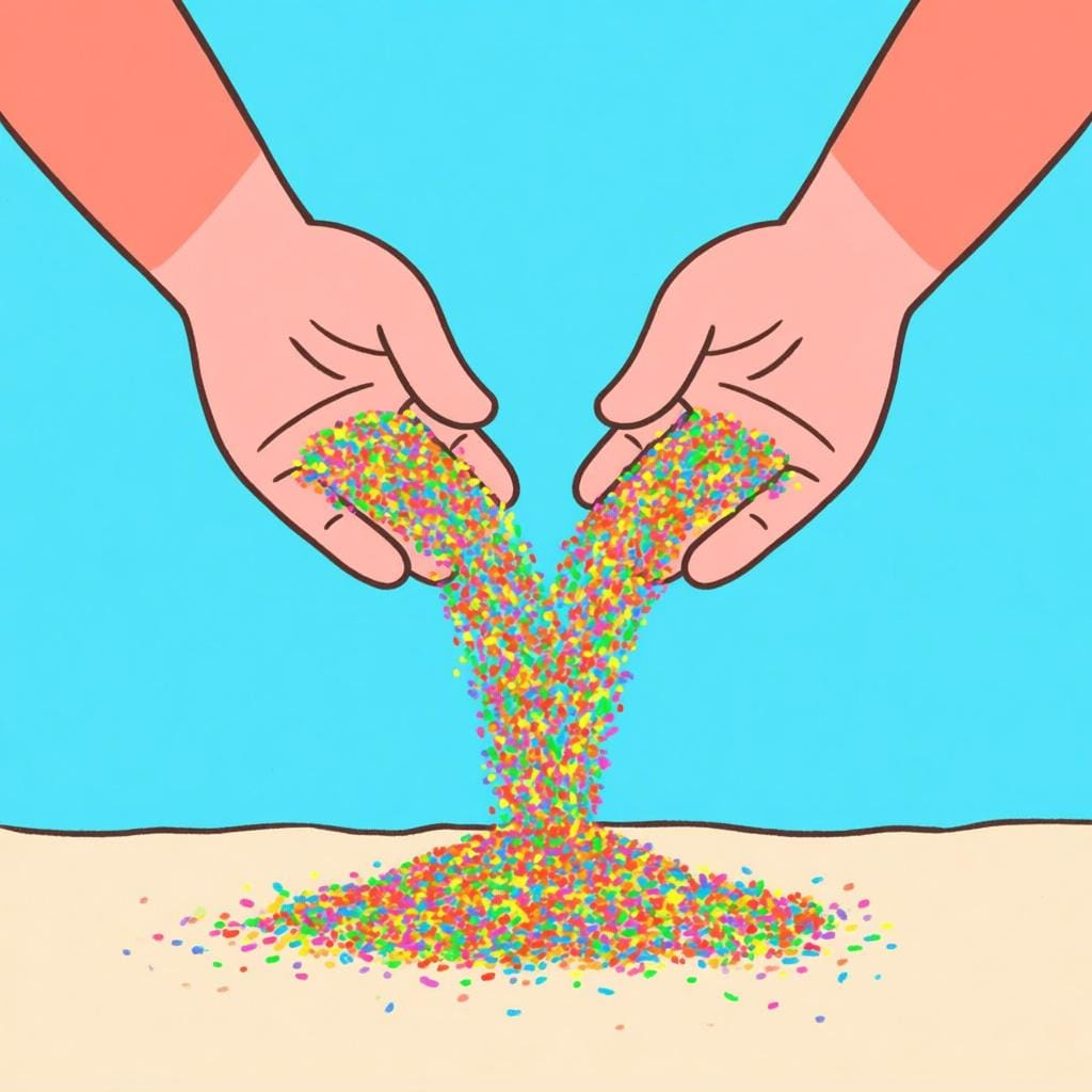 A close-up of a pair of hands letting fine, golden sand pour uselessly onto the ground, symbolizing wasted time or effort.