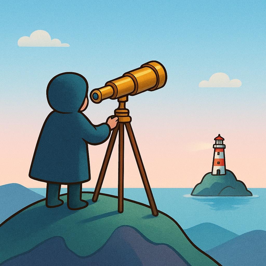 A hiker standing on a mountain peak, looking through a telescope at a tiny, distant lighthouse that is perfectly in focus.