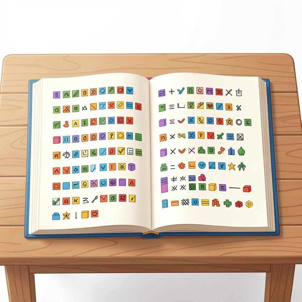 A colorful storybook illustration showing an open book with several simple, distinct rows of colorful shapes representing organized lines of speech.