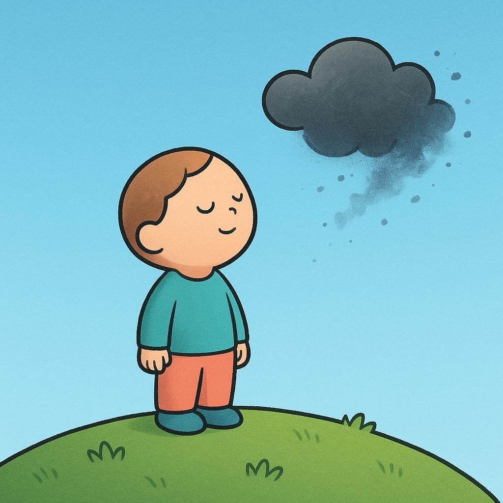 A simple character standing on a grassy hill, looking up peacefully as a large, stylized dark gray cloud lifts and floats away into a clear, bright blue sky, symbolizing emotional release.