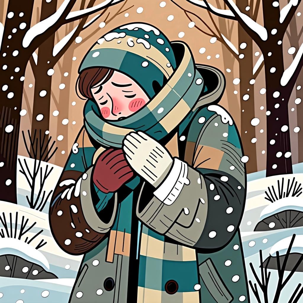 A person in a past scene shivering with cold, illustrating the use of 'tenía' for past physical states.