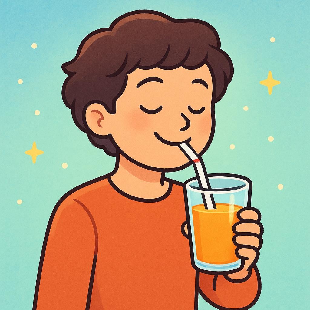 A joyful illustration of a person drinking juice from a clear glass with a straw.