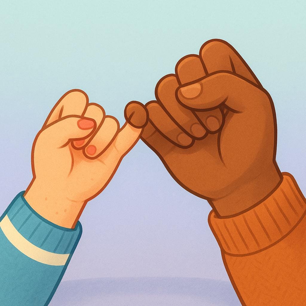 A close-up view of two different hands, one slightly larger than the other, performing a pinky swear gesture, symbolizing a promise or agreement that has been made.