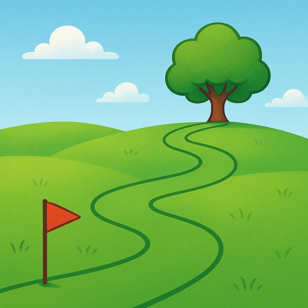 A winding road stretching from a clearly marked starting point to an ending point in the distance, illustrating a duration of time.