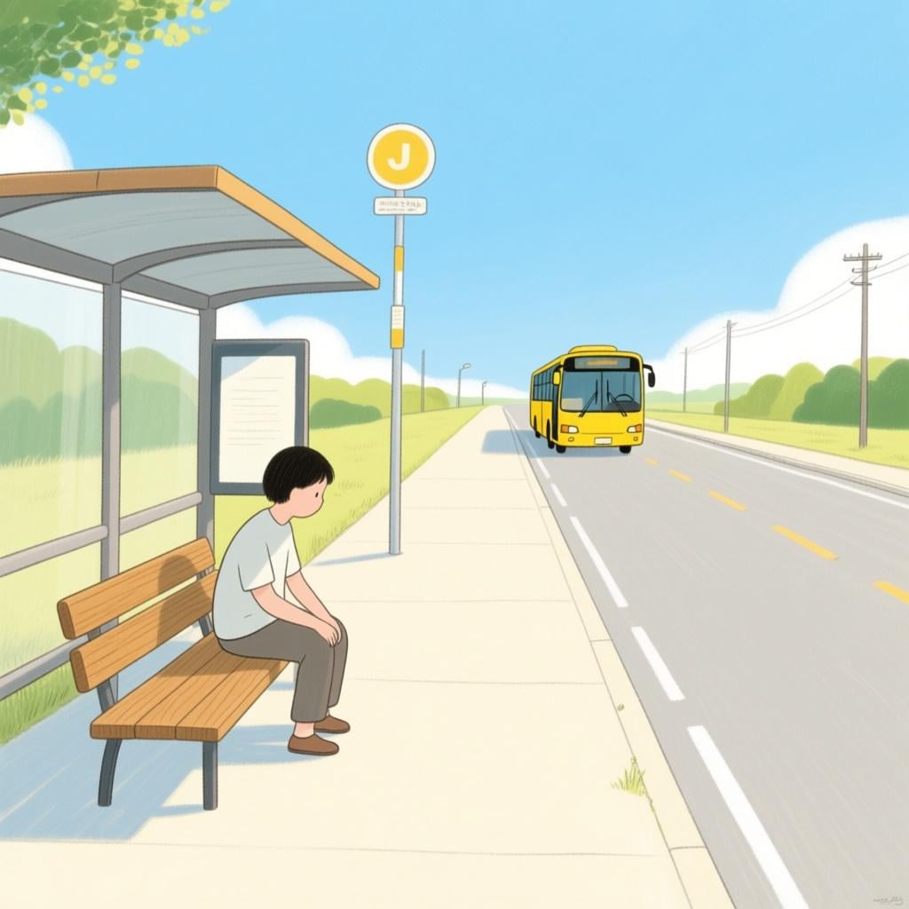A person sitting alone on a bench at a bus stop, patiently looking down the road where a bus is approaching, illustrating the act of waiting.
