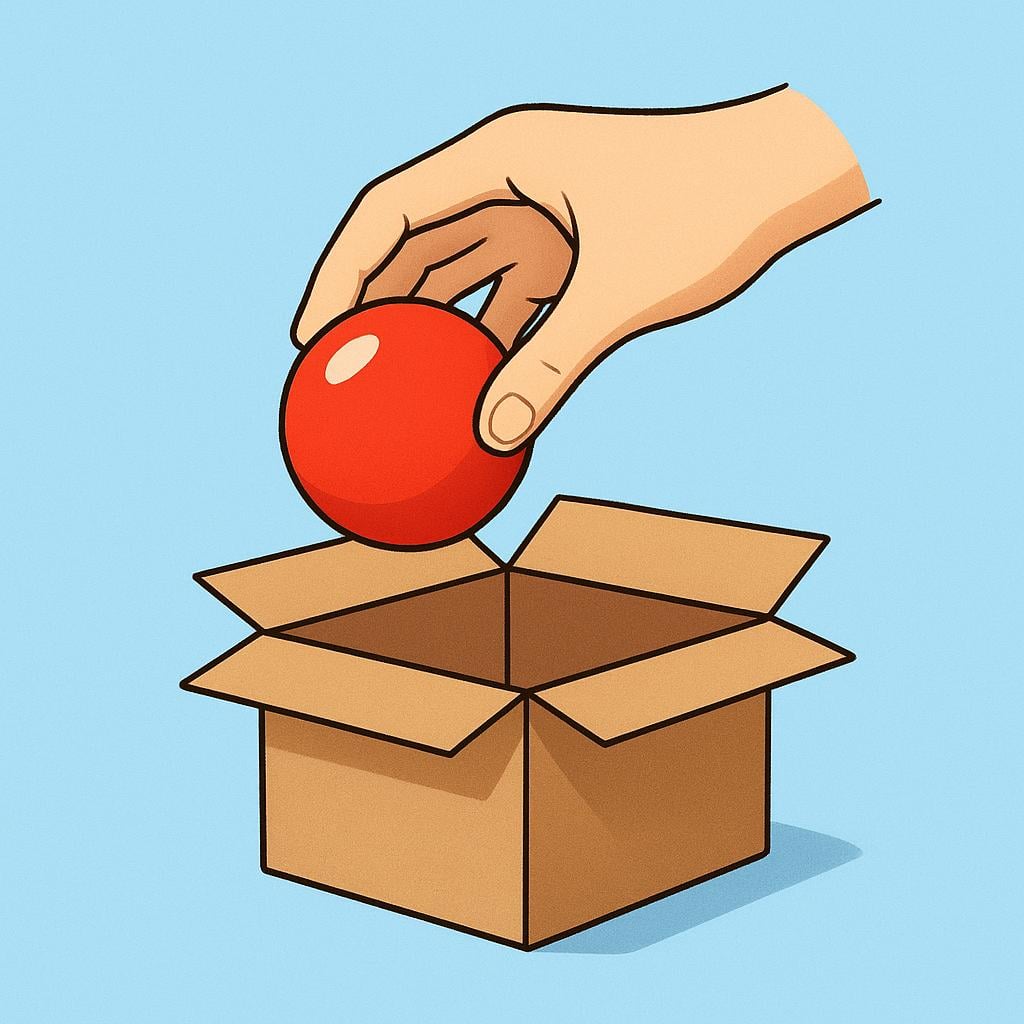 A hand pulling a bright red ball out of a brown cardboard box.