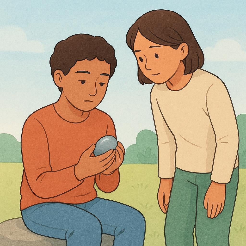 A high quality simple colorful storybook illustration showing two young people. One person is sitting and looking thoughtfully at a single, simple object like a smooth river stone. The second person is standing close by, looking intently at the seated person, suggesting curiosity or influence over their thought process.