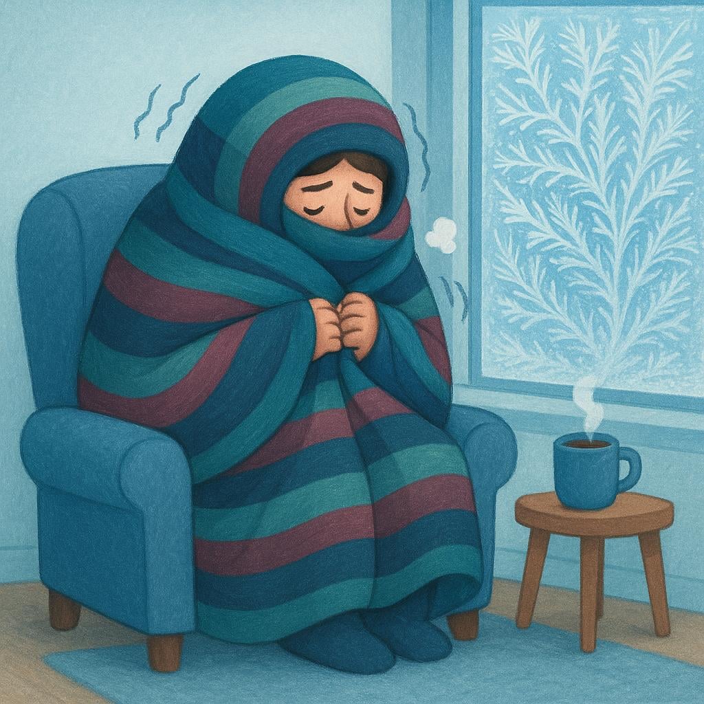 A person bundled entirely in a thick, striped blanket, sitting on an armchair and clearly shivering, depicting the physical state of being cold.