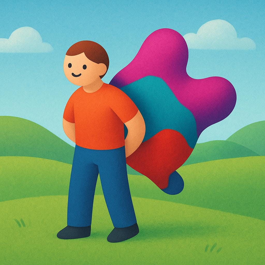 A simplified person standing innocently, but clumsily hiding a large, obviously bright red, awkward object behind their back to represent a lie.